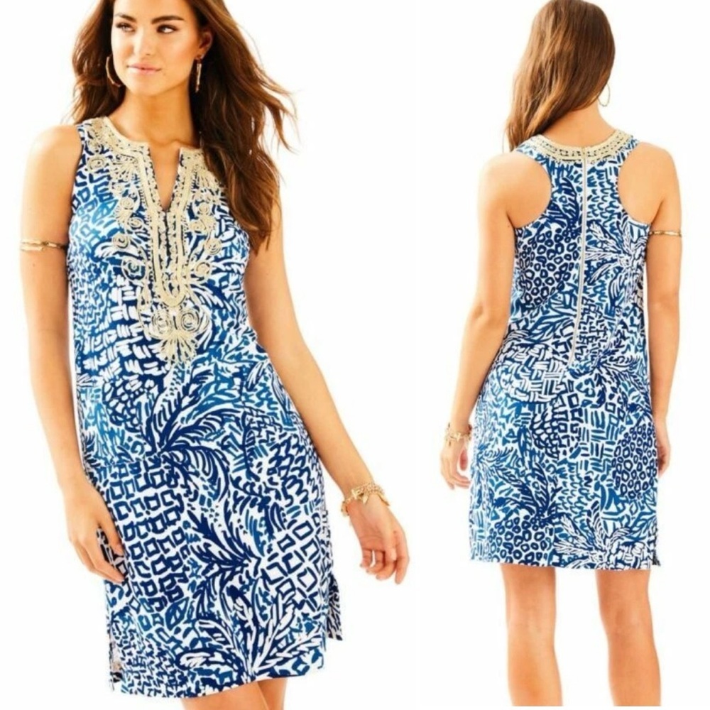Lilly Pulitzer Carlotta Stretch Shift Dress 4 Indigo Home Slice blue pockets